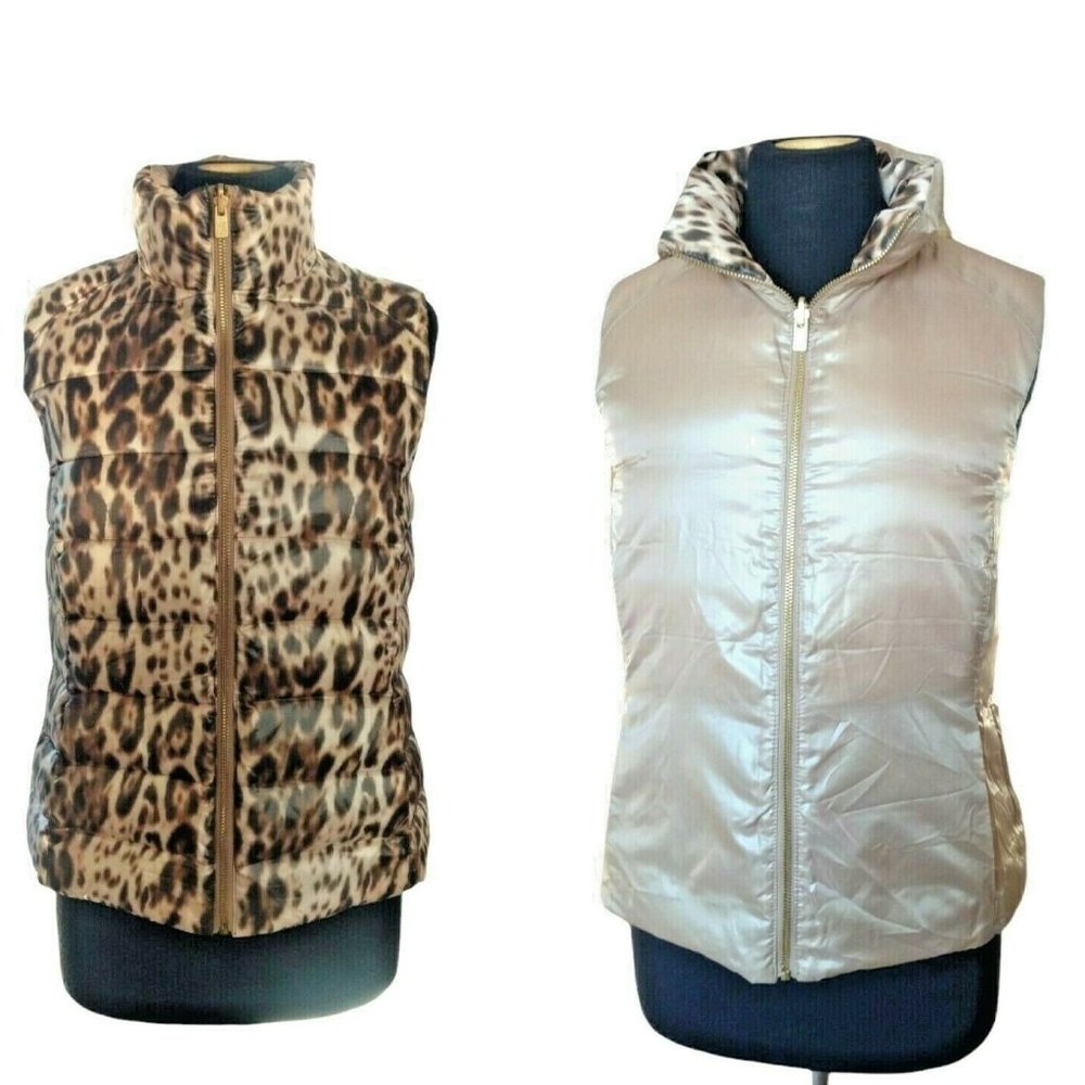 Tommy Bahama Puffer Vest Women's Size S Reversible Down Leopard Animal Print New